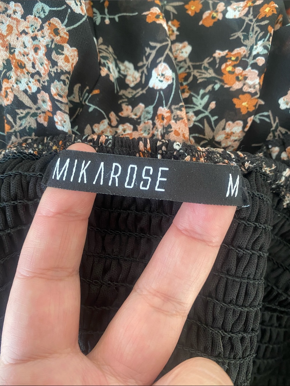 Mikarose Black Babydoll Maxi Dress Peach Floral Print Sz M Smocking Sheer Sleeve - Picture 11 of 13